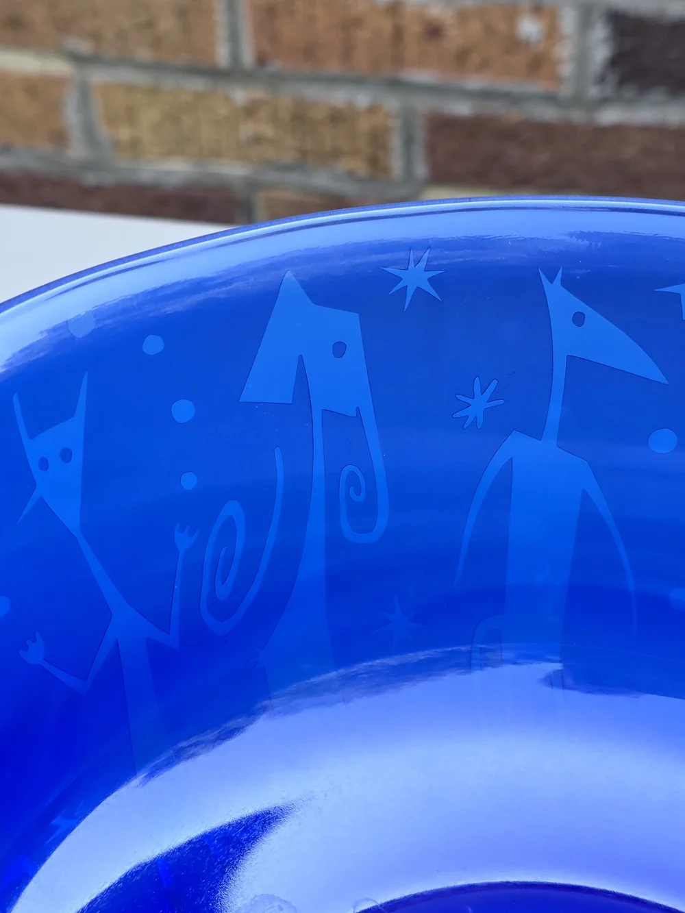 Leandra Drumm Etched Blue Glass Bowl with Whimsical Figures 9